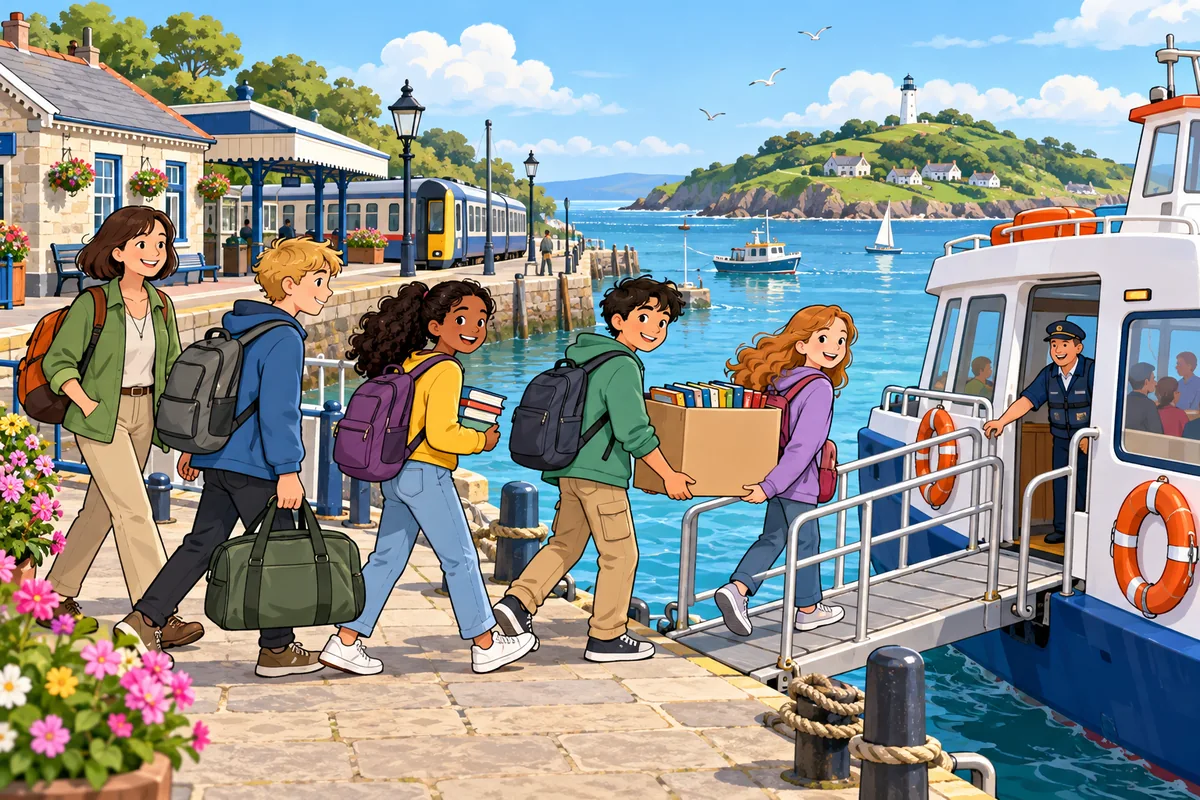 Young travellers carry books along the quay towards a ferry for the Willow Bay Island Exchange.
