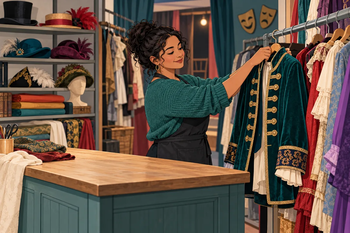 An adult volunteer arranging garments in a community theatre costume room