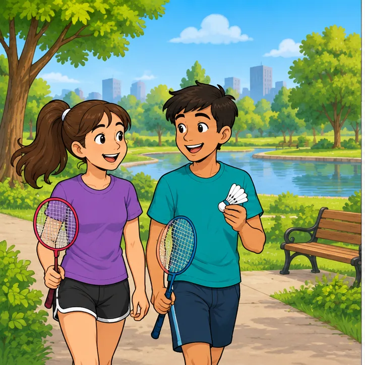 Panel 1: A teenage girl in a purple T-shirt with a ponytail and a teenage boy in a teal T-shirt with short dark hair arrive at the park with badminton rackets and a white shuttlecock.