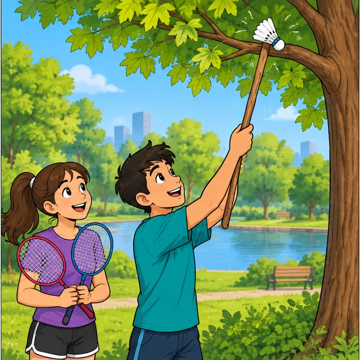 Panel 2: The shuttlecock is caught on a low tree branch. The same two teenagers look up, and the boy reaches with a long stick to get it down.