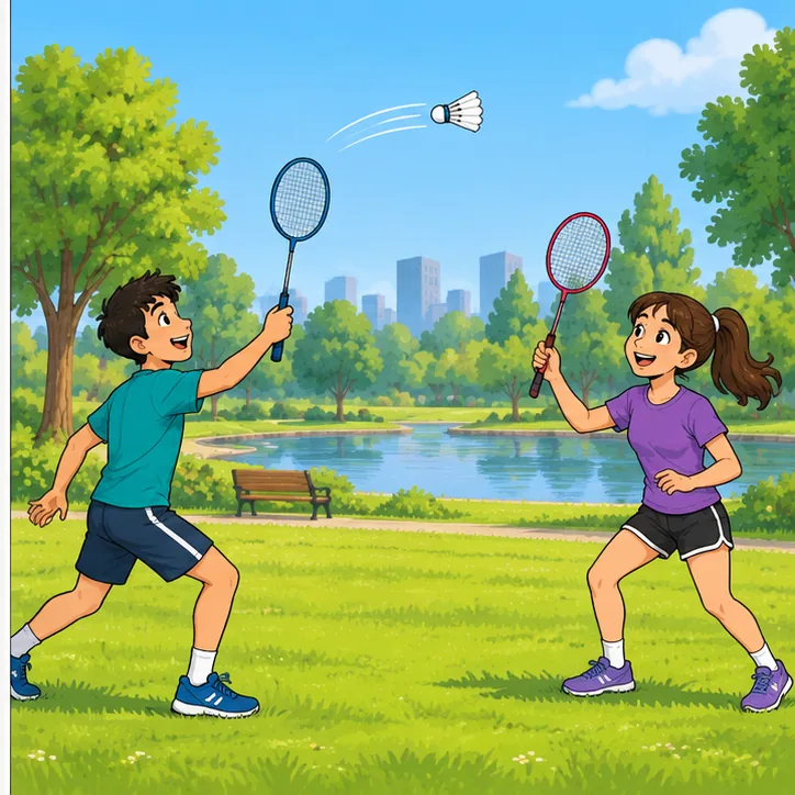 Panel 3: The shuttlecock is free, and the same two teenagers are happily playing badminton together.