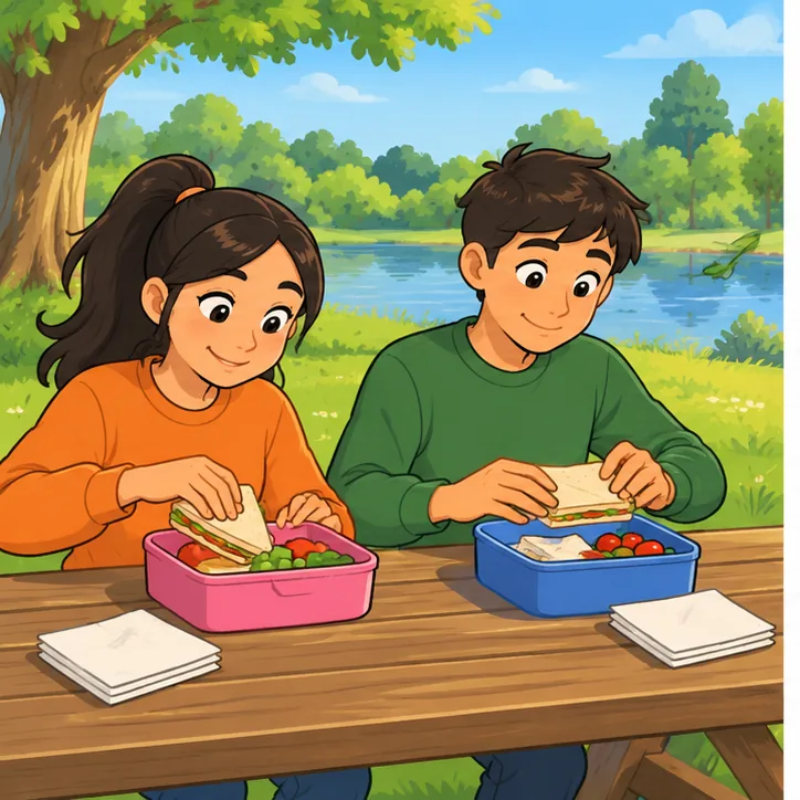 At a picnic table in the park, a girl with a dark ponytail and an orange sweatshirt and a boy in a green jumper prepare a picnic.