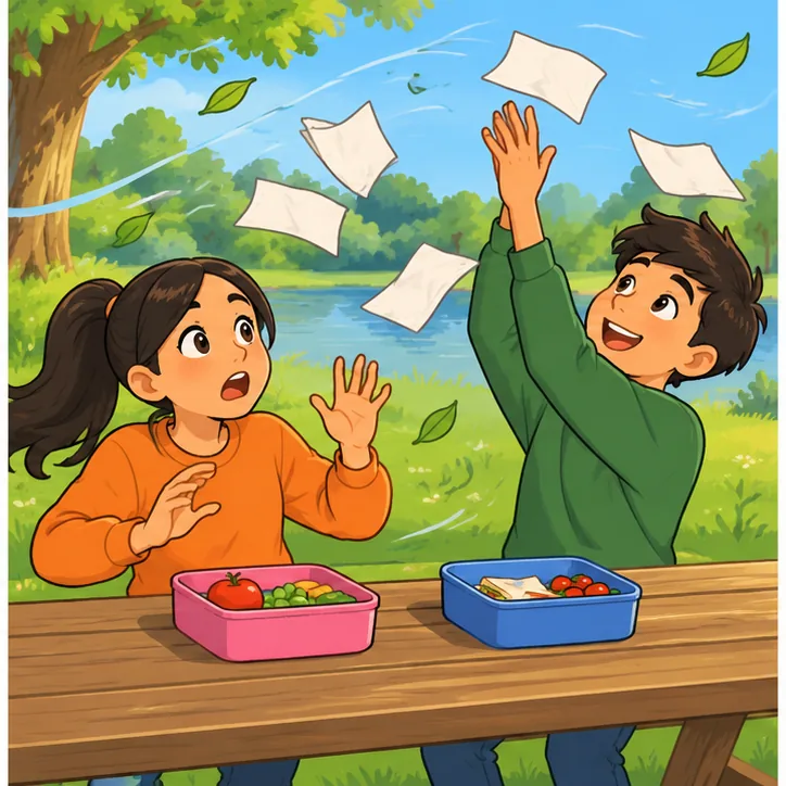 The wind blows paper napkins into the air. The boy reaches up to catch them while the girl looks surprised.