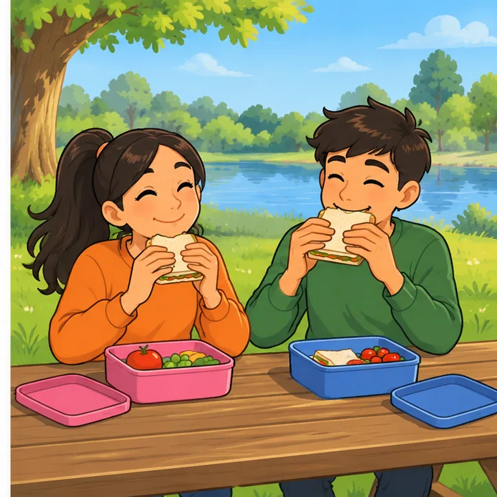 The wind has calmed. The friends enjoy their sandwiches at the picnic table beside their open lunchboxes and lids.