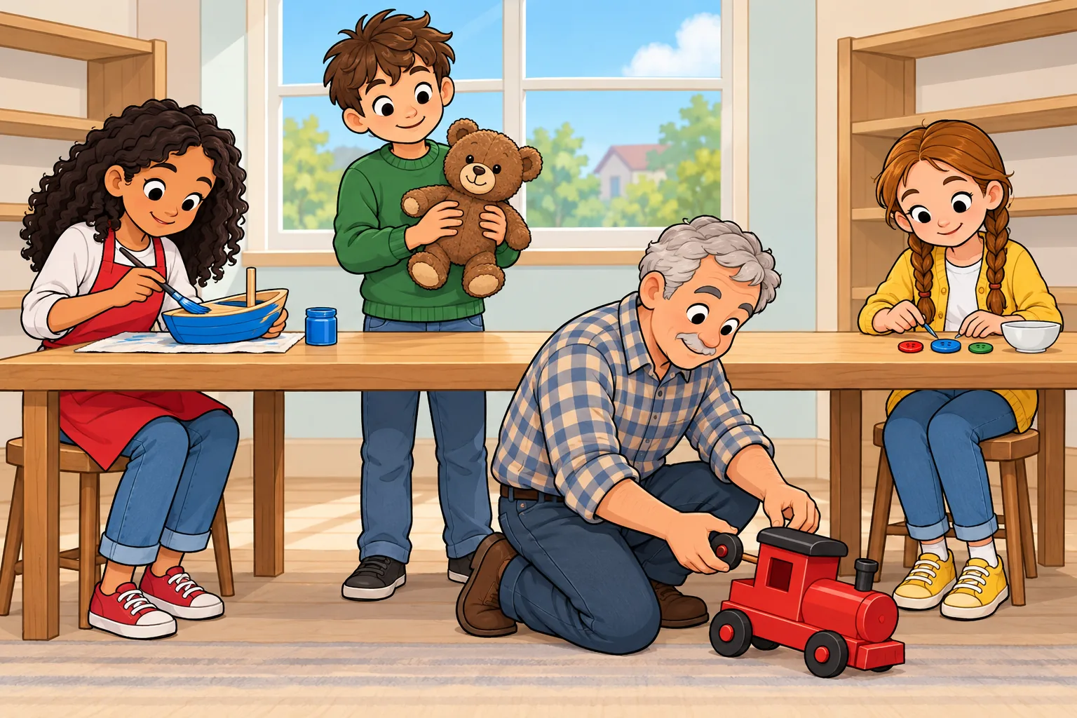A bright toy repair workshop with four people: a girl in a red apron paints a blue toy boat on the left; a boy in green holds a brown teddy bear; a grey-haired man kneels beside a red toy train; a girl in yellow has three buttons and a white bowl in front of her.