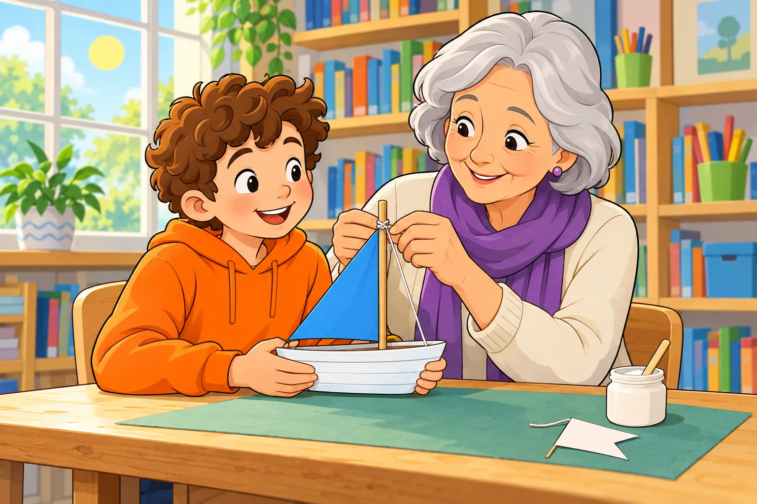 A boy named Ollie and his grandmother sit at a workbench in a bright library craft room. Ollie holds a small wooden boat with a blue sail while his grandmother ties a thin string to its mast; a window shows a sunny park outside.