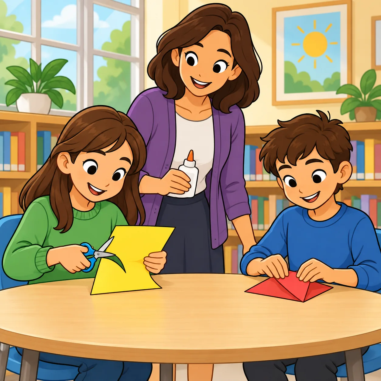 A girl in a green sweater cuts yellow paper at a library craft table; a boy in a blue shirt folds red paper, and their teacher holds a plain bottle of glue.