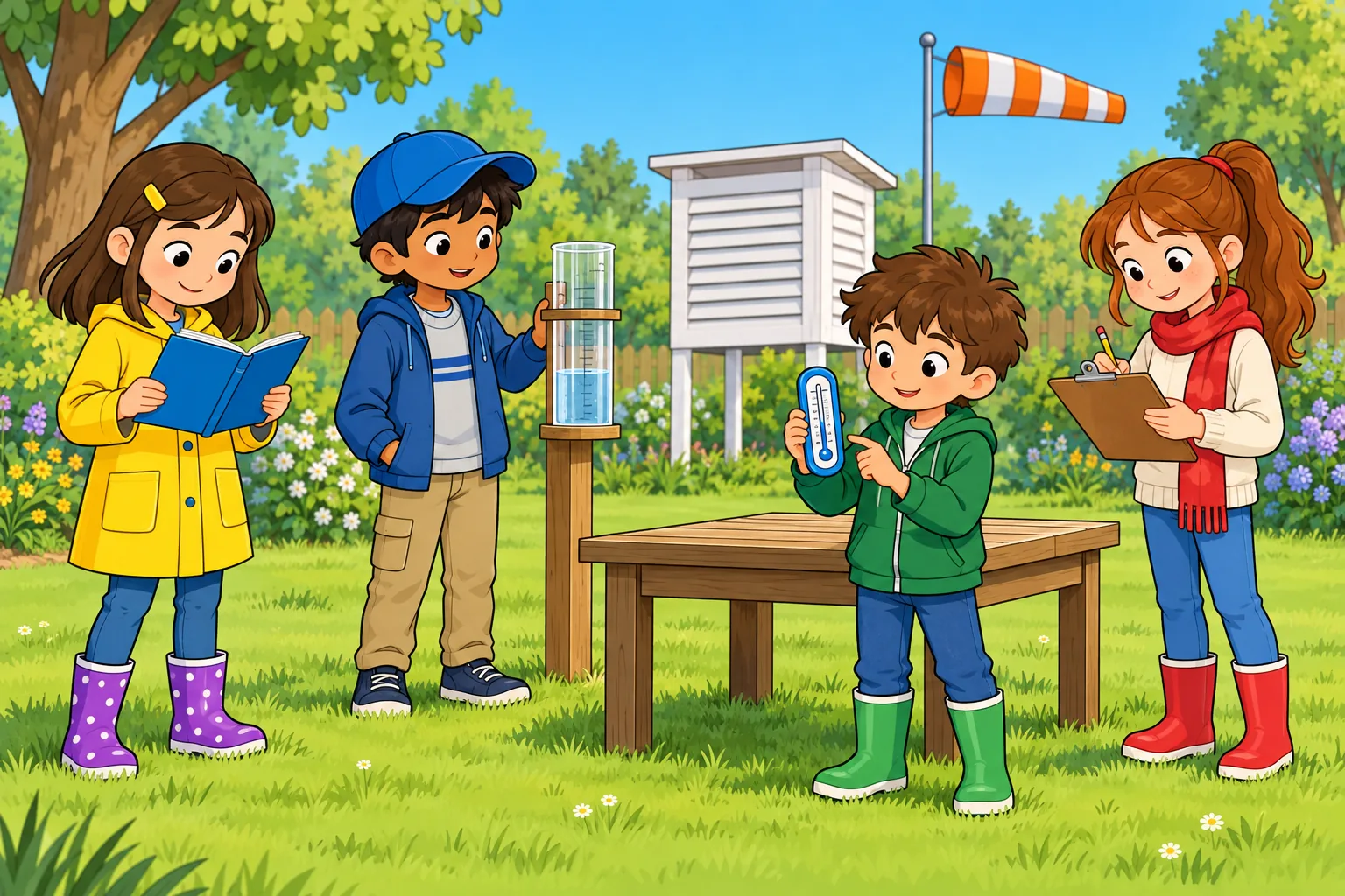 Four children in a school garden: Ada in a yellow raincoat reads a blue notebook on the left; Ravi in a blue cap stands beside a transparent rain gauge on a wooden stand; Omar in green boots holds a blue thermometer in front of a table; Bea in a red scarf writes on a clipboard on the right. An orange-and-white windsock is on a separate tall pole behind the table.