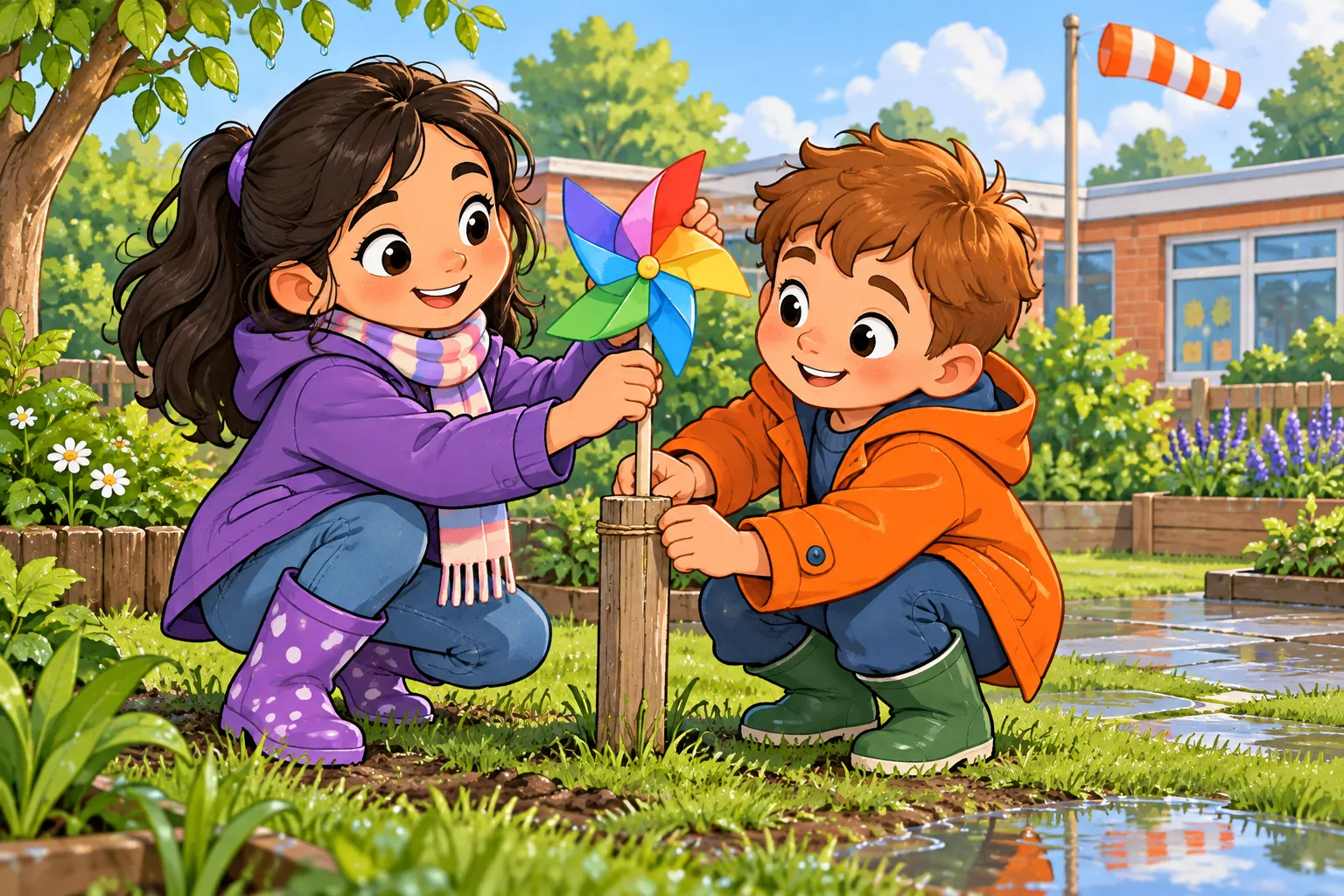 Lila in a purple jacket and striped scarf holds one brightly coloured paper pinwheel while Tom in an orange coat helps tie its stick to a low wooden post in a school garden. Puddles and a distant orange-and-white windsock are visible.
