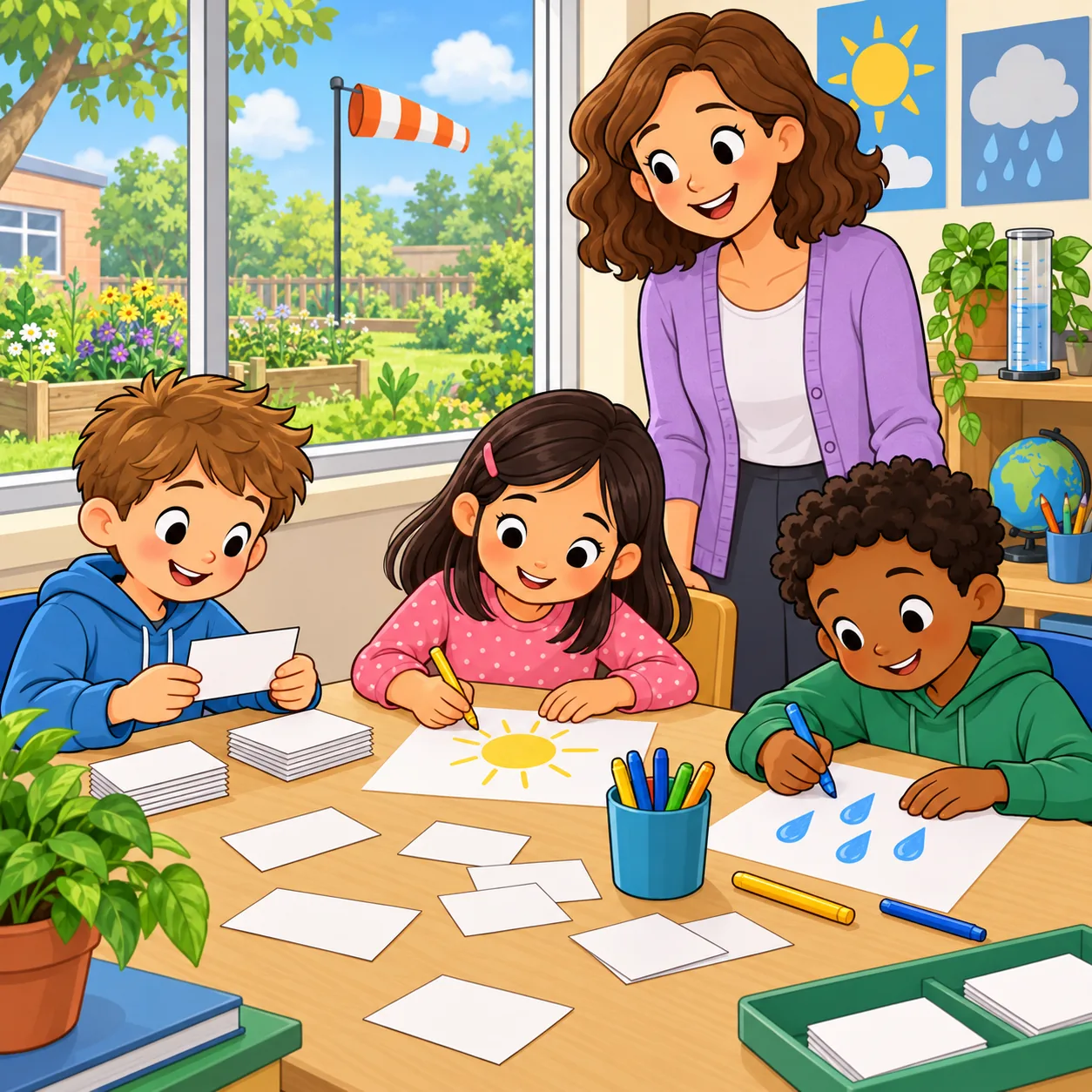 Three children sit at a weather-club table: a boy in blue holds a blank card, a girl in pink draws a yellow sun, and a boy in green draws blue raindrops. Their teacher in a lavender cardigan stands behind them. A rain gauge is on the shelf and a windsock is visible outside the window.