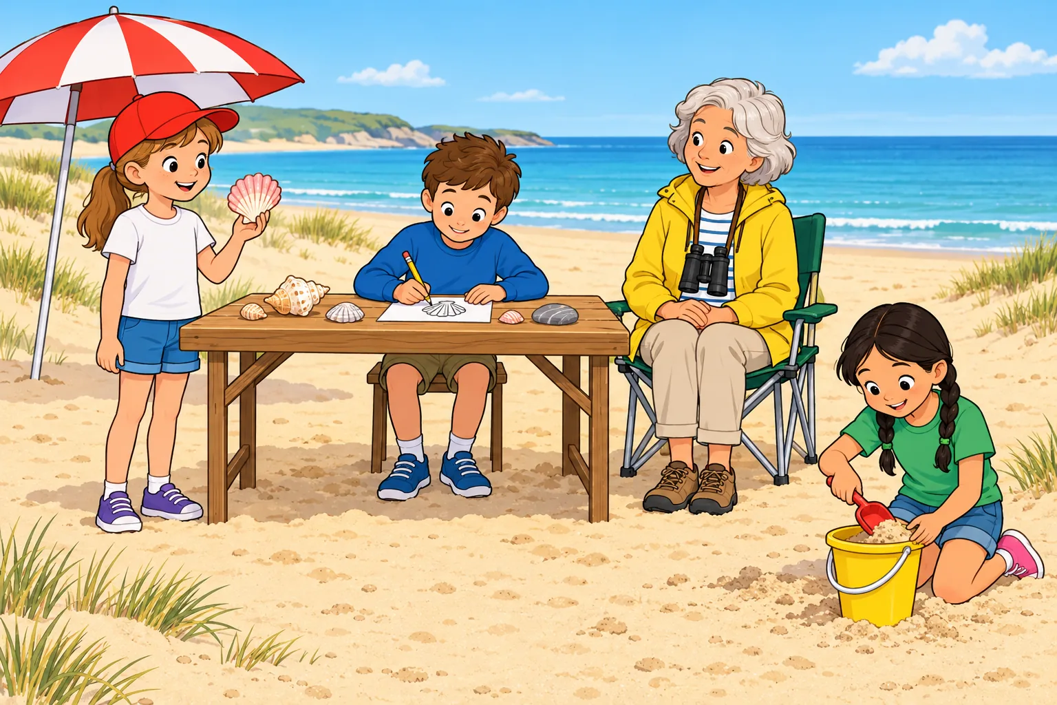 On a sunny beach, Ruby stands on the left holding a pink shell; Ben sits behind a wooden table drawing a shell on white paper; Ms Lane sits in a folding chair with binoculars around her neck; Ella kneels on the right scooping sand into a yellow bucket with a red spade. A red-and-white umbrella stands to the left, and the calm blue sea is behind them.