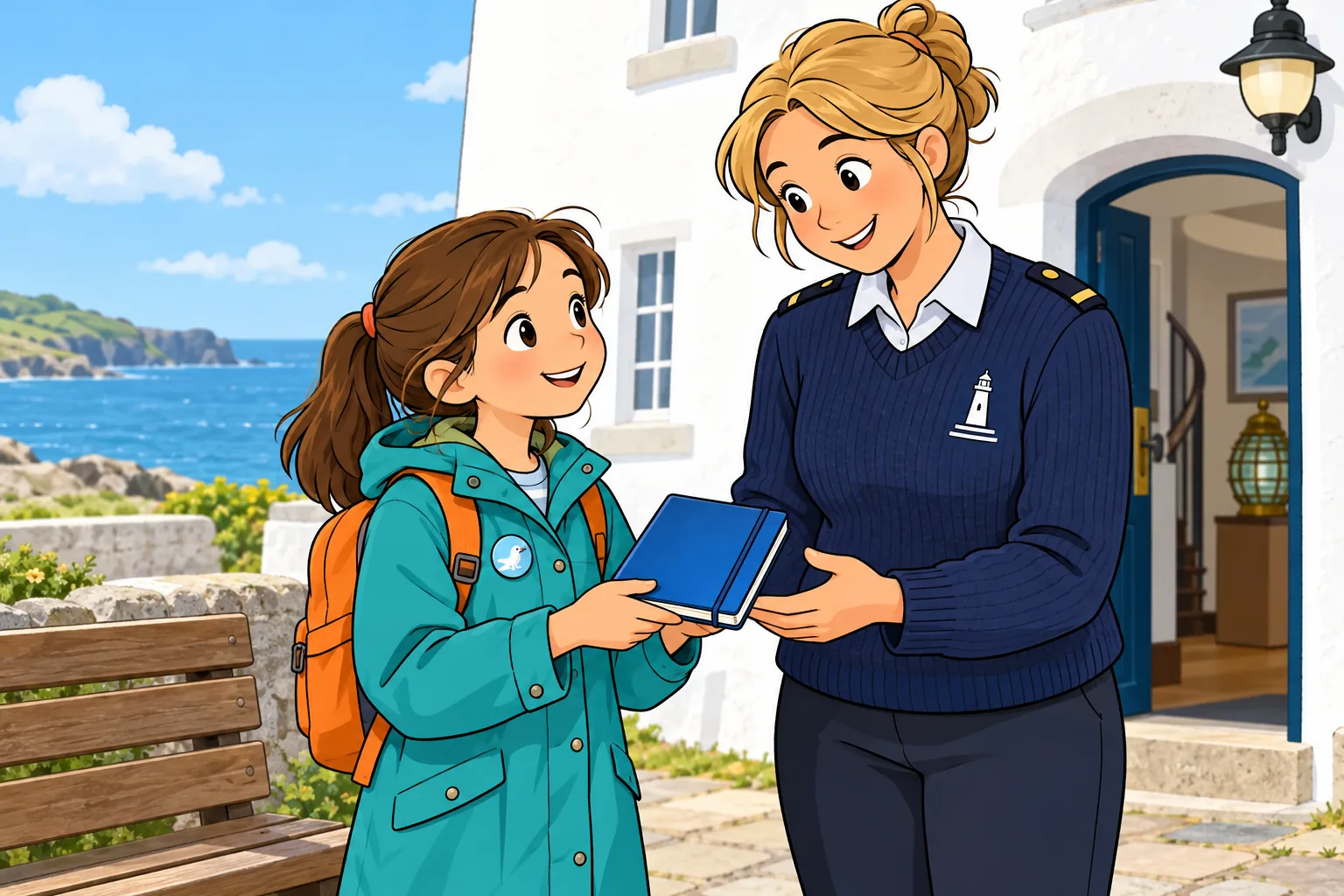 Pippa, wearing a teal raincoat, an orange backpack and a round visitor badge, stands beside a wooden bench outside the lighthouse holding a closed blue notebook. A friendly female guide in a navy sweater looks at the notebook.