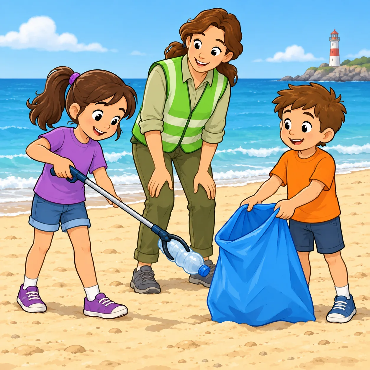 A girl in purple uses a rubbish picker to lift an empty plastic bottle towards an open blue bag held by a boy in orange. An adult guide in green watches on the beach, with the sea and a distant lighthouse behind them.