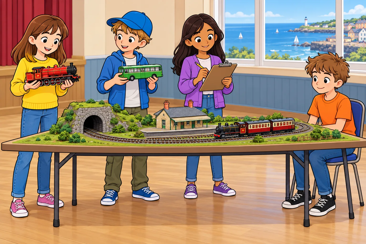 Four children at a model railway exhibition. Nora wears a yellow jumper and holds a red model locomotive on the left; Leo wears a blue cap and holds a green model bus; Isha wears a purple cardigan and writes on a clipboard; Max wears an orange shirt and sits on a blue chair on the right. The table has one stone tunnel on the left, a small station in the centre and a train on the track on the right.