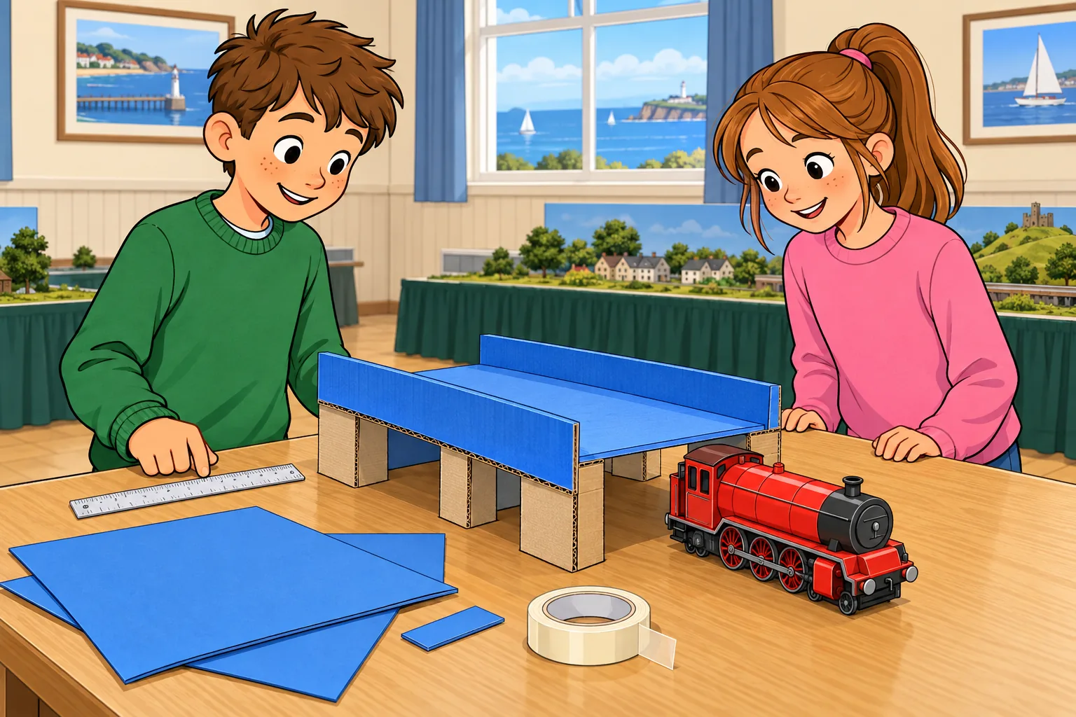 Theo in a green jumper and Poppy in a pink jumper stand at a work table, comparing a blue cardboard bridge with a red model locomotive. The wide blue deck and blue side walls rest on brown cardboard supports. A ruler, spare blue card and a roll of tape are on the table.