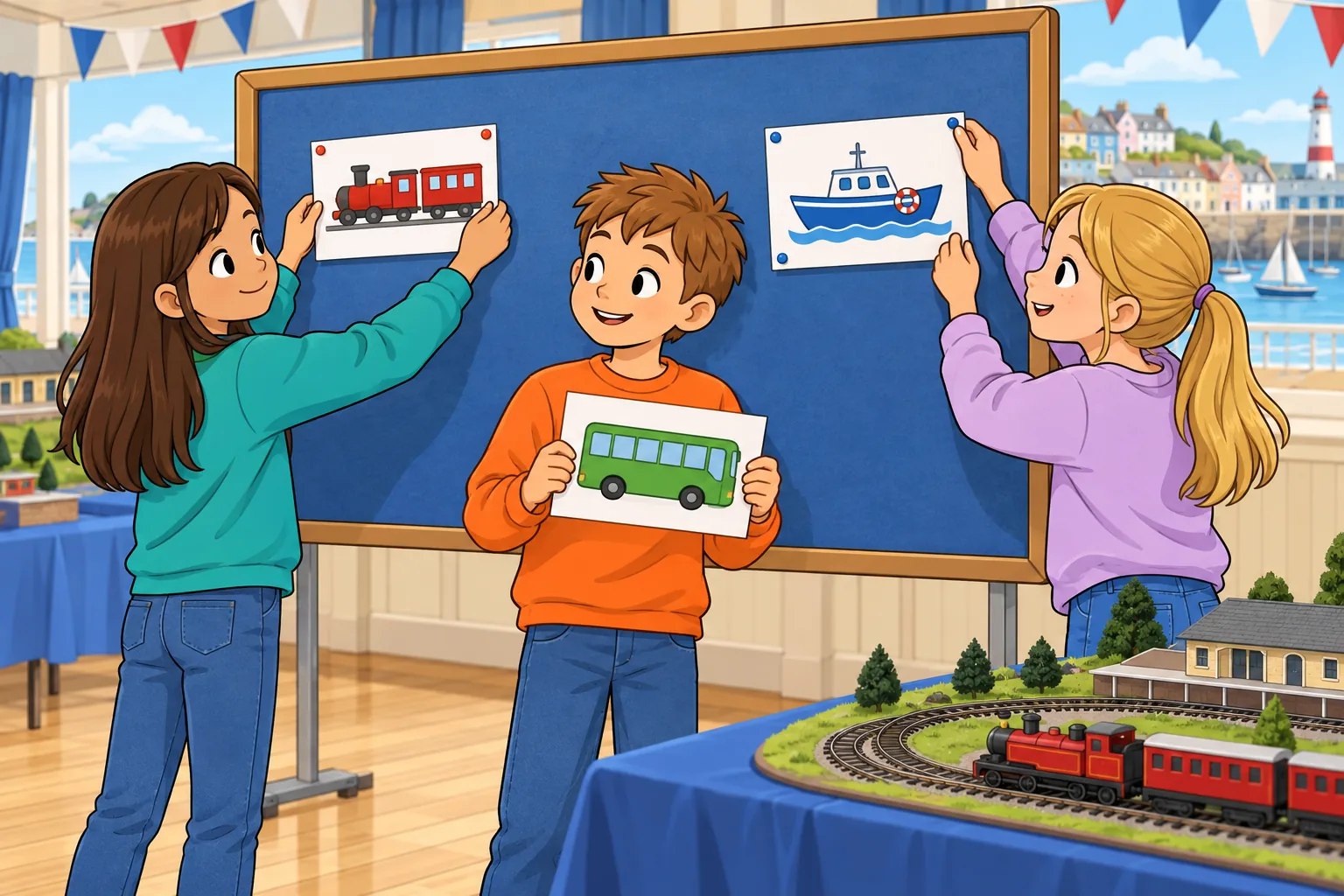 Three children arrange transport picture cards on a noticeboard: a girl in teal puts up a red train picture, a boy in orange holds a green bus picture and a girl in lavender fixes a blue boat picture. A model railway sits on a nearby table.