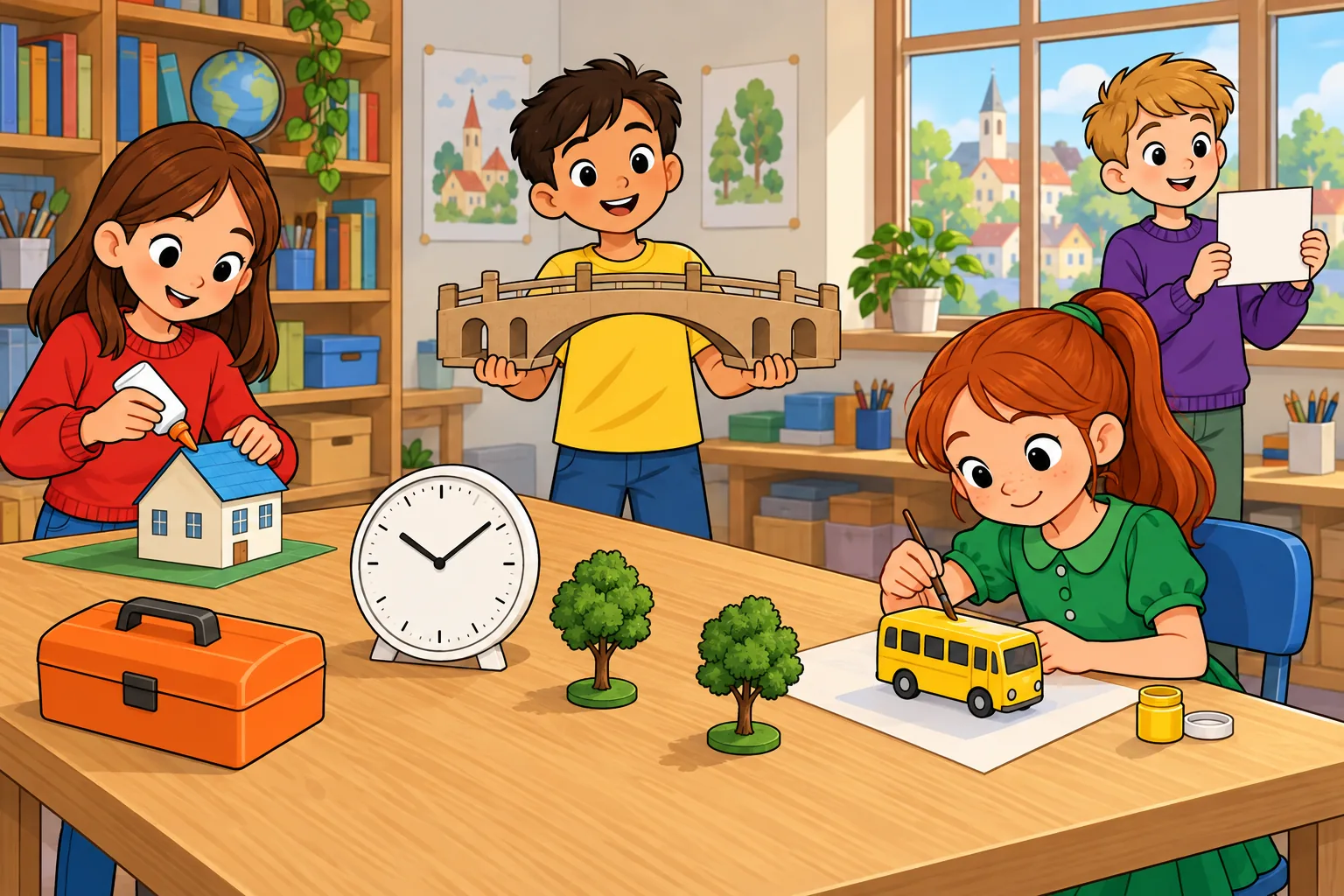 A miniature-town workshop with exactly four children. On the left, Ada in a red sweater glues a small blue roof onto a model house at a table. In the centre, Leo in a yellow T-shirt holds one large cardboard bridge horizontally with both hands. At the front right, Mina in a green dress sits on a blue chair and paints one small yellow model bus with a brush. At the back right, Toby in a purple sweater stands beside the window holding a plain white card with both hands. On the table are one upright large plain white clock with black hands, one closed orange toolbox, two small model trees and a little blue-roofed model house. A window is on the right wall and a tall bookshelf is on the left.