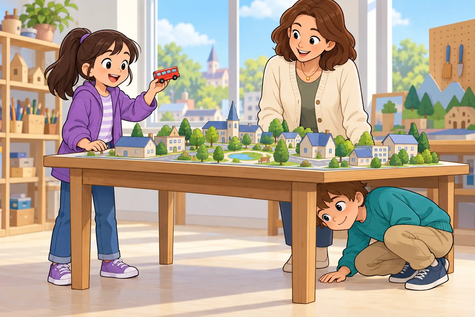 At a workshop table, a girl in a violet jacket stands holding a tiny red model bus. A boy in a teal sweater crouches and looks under the table. An adult woman in a cream cardigan smiles beside them. On the tabletop is a cardboard model town with small blue-roofed houses and a green park.