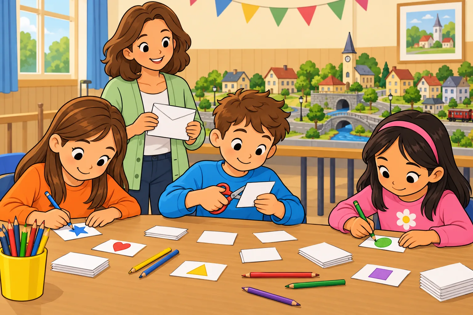 Three children at a craft table prepare exhibition tickets: a girl in orange draws a blue star, a boy in blue cuts a white card with scissors, and a girl in pink colours a green circle. A teacher in a pale green cardigan holds a white envelope behind them. A miniature town is displayed on a table in the background.