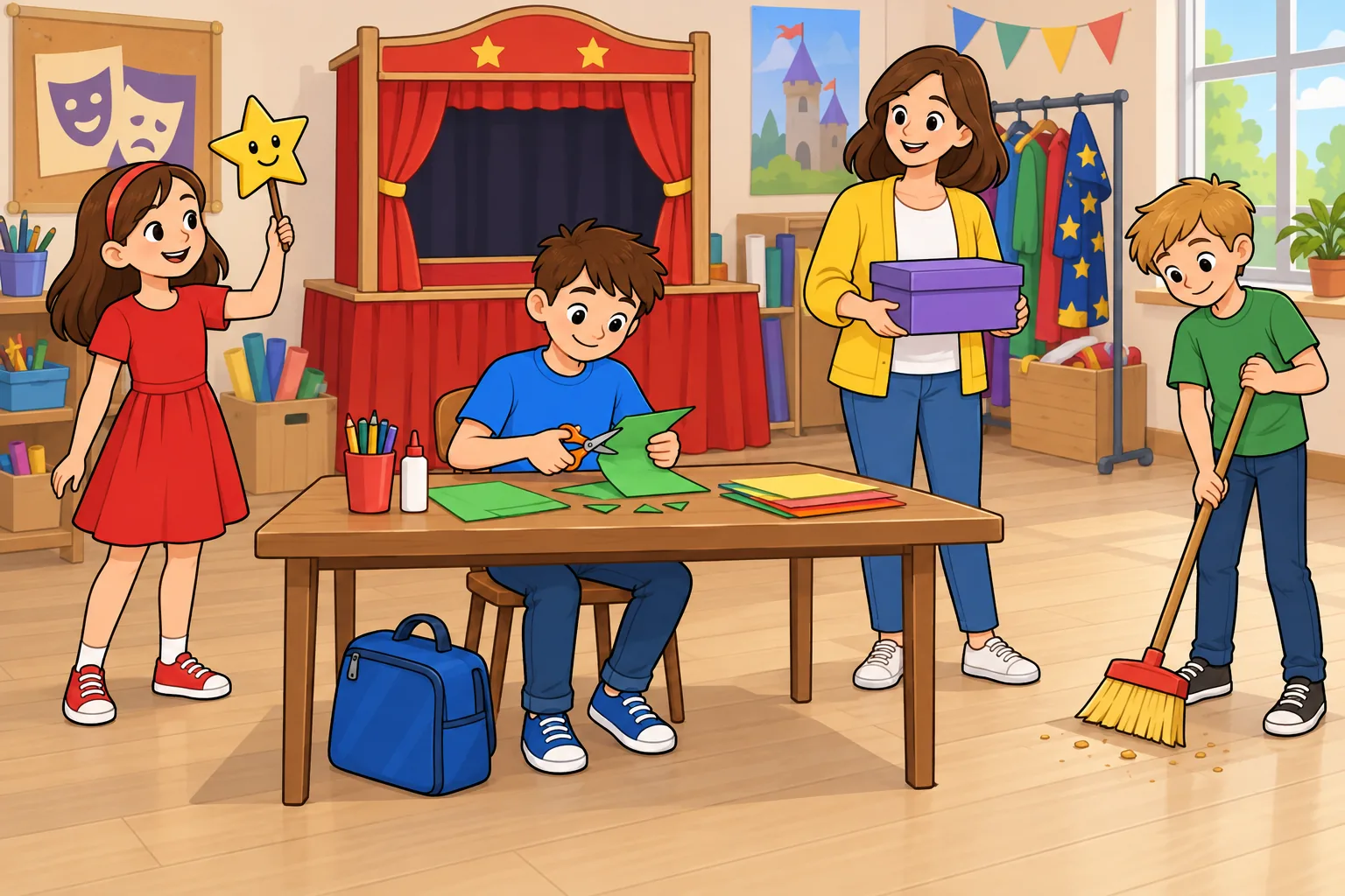 In a community hall, a girl in a red dress stands on the left holding a yellow star puppet on a stick. A boy in a blue shirt sits in the middle cutting green paper with scissors at a brown table. A woman in a yellow cardigan stands on the right holding a closed purple box, and a boy in a green shirt at the far right sweeps the floor with a broom. A small puppet stage with red curtains stands at the back of the room, and a blue bag is under the table.