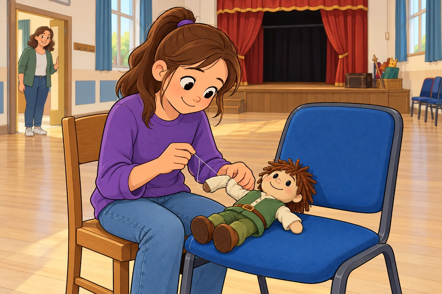 Ella, wearing a purple top and jeans, sits beside a blue chair. A small cloth puppet with brown wool hair and green clothes lies on the chair while she stitches its loose arm with a needle and thread. Her mother watches from the doorway of the community hall; a stage with red curtains is at the back.