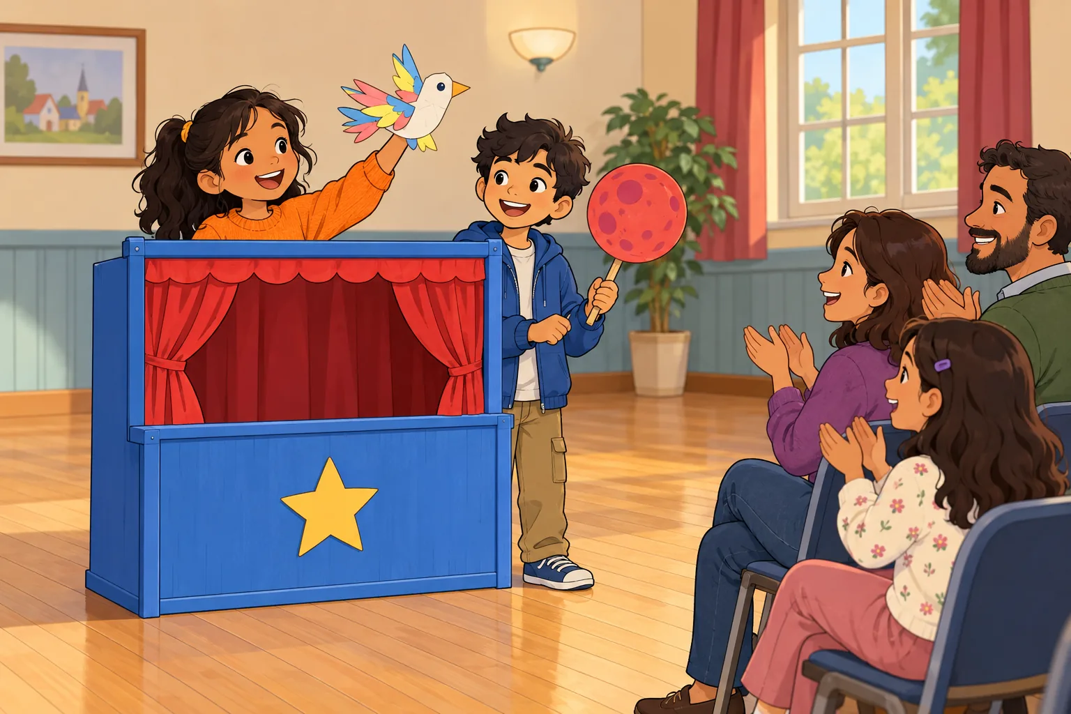 Nia in an orange jumper stands behind a blue puppet booth with red curtains and a yellow star on its front, holding up a colourful paper bird puppet. Omar wears a blue jacket beside her and holds a round red moon prop on a stick. A family audience of three watches and claps.