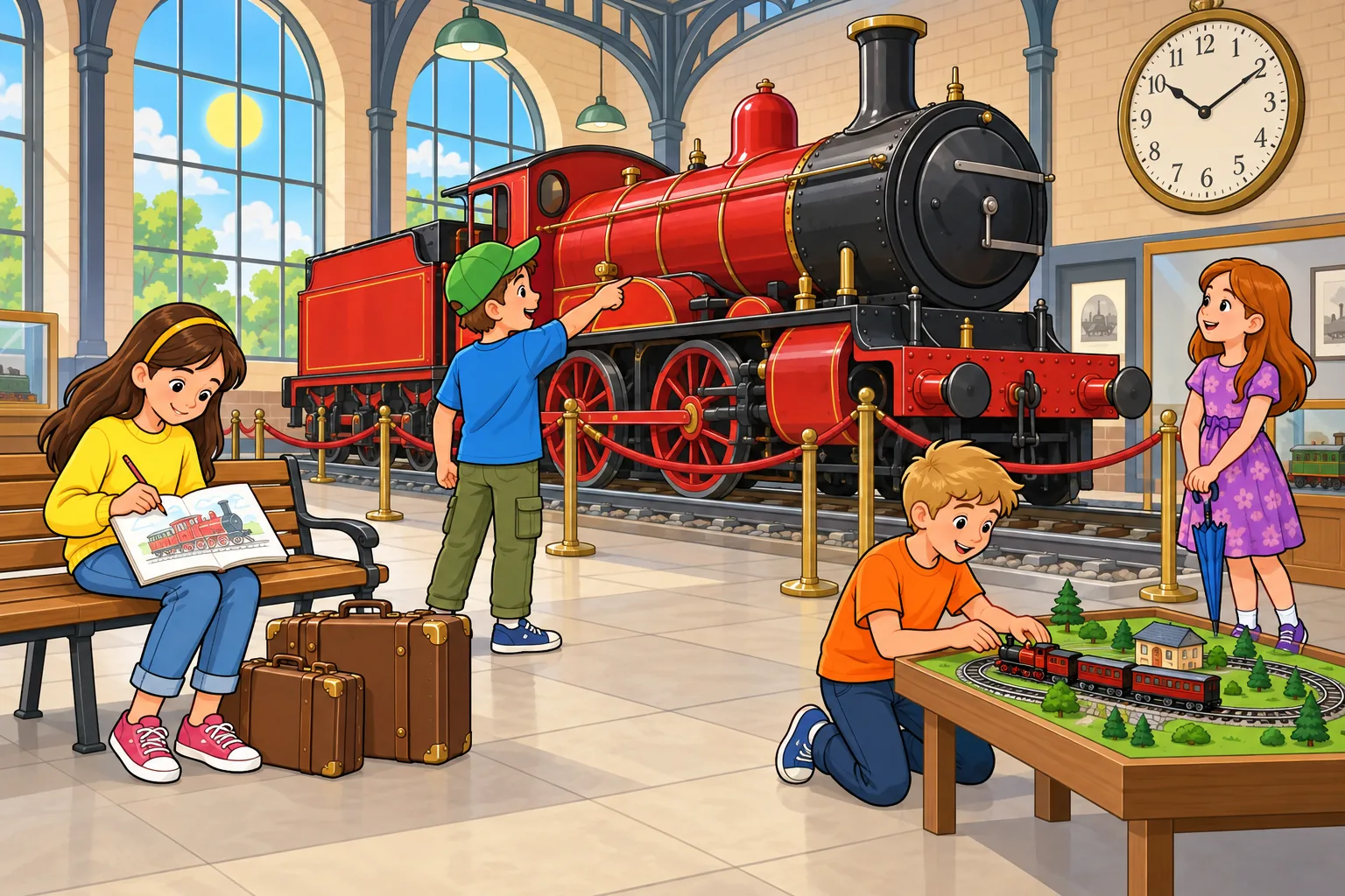 Inside a bright railway museum, an old red steam engine stands behind a waist-high safety rope. On the left, Eva in a yellow jumper sits on a bench drawing in an open sketchbook. In the centre, Noah in a green cap and blue shirt points at the engine. On the right, Zoe in a purple dress holds a closed blue umbrella. At the front right, Max in an orange shirt kneels beside a small model train table. A large round clock hangs above the engine; exactly two brown suitcases are beside the bench, and the window shows a sunny sky.