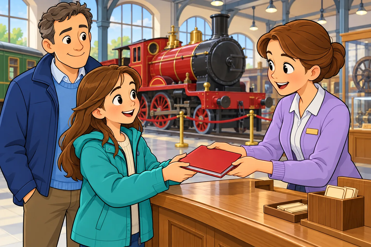 Beside a wooden ticket desk in a railway museum, Lucy in a teal jacket receives a red sketchbook from a woman guide in a lavender cardigan. Lucy's uncle in a blue jacket stands behind her, and an old train is visible in the background.
