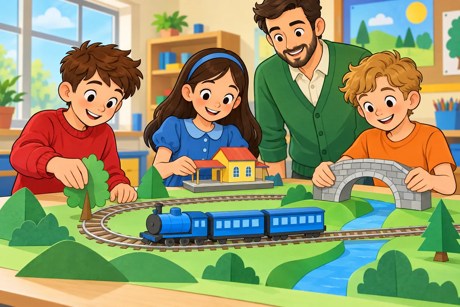 Three children make a paper railway landscape at a table: a boy in a red jumper places a green paper tree, a girl in a blue dress holds a yellow paper station, and a boy in an orange shirt holds a grey paper bridge. A man in a green cardigan stands behind them, and a blue model train sits on the track.