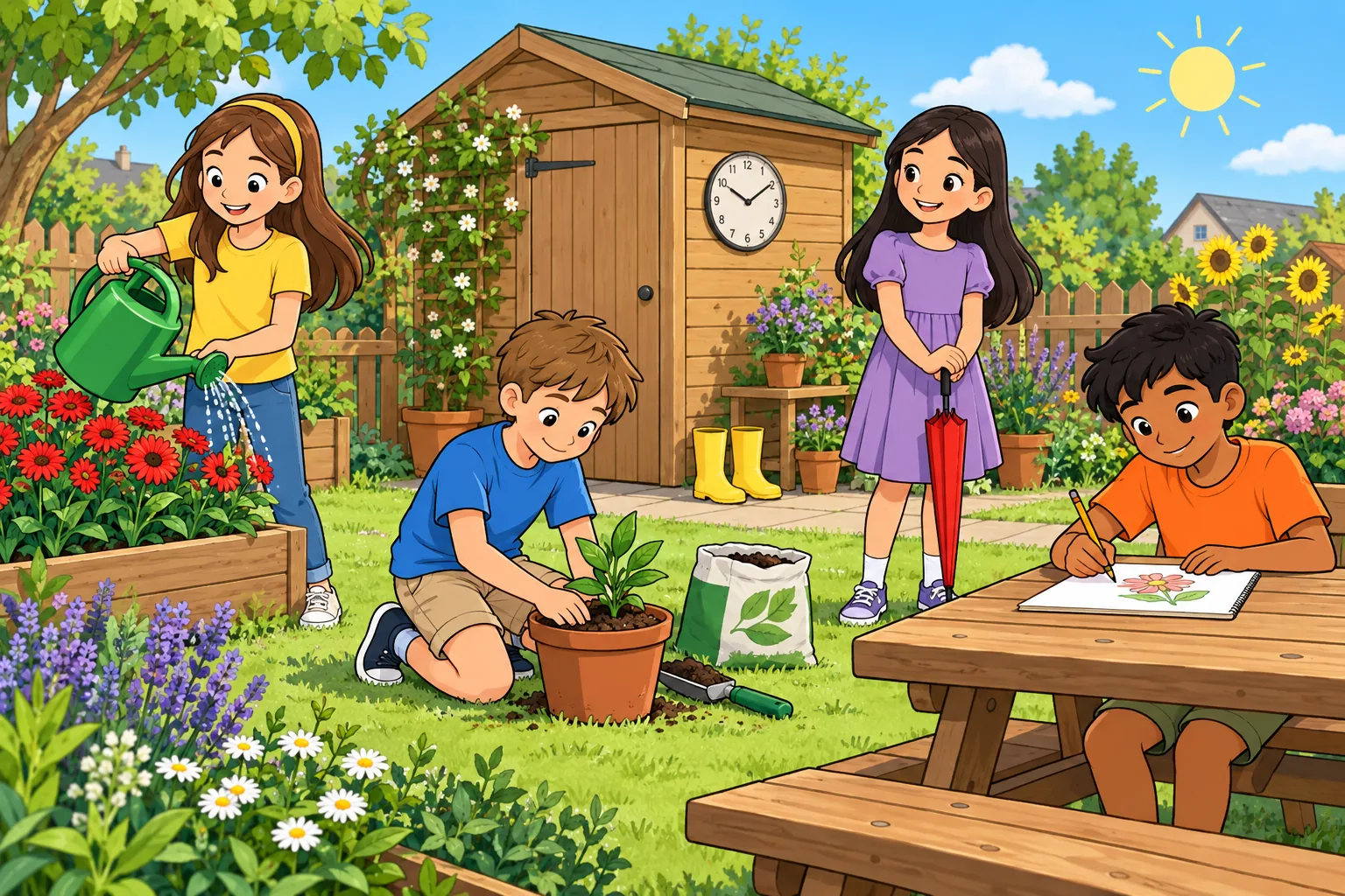 Sunny community garden open day: Lila in a yellow T-shirt waters red flowers with a green can on the left; Owen in a blue T-shirt kneels to plant a small green plant in a round brown pot in the centre; Ruth in a purple dress stands holding a closed red umbrella on the right; Amir in an orange T-shirt sits at a wooden picnic table drawing on white paper at the front right. One round clock is on the shed, exactly two yellow boots are beside it, and the sky is clear.