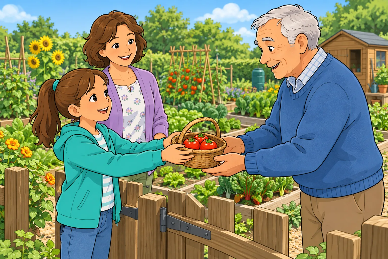 At a community garden gate, Beth in a teal jacket hands a small basket of three red tomatoes to her grandfather in a blue jumper. A gardener in a lavender cardigan stands behind them; green beds and a shed are nearby.
