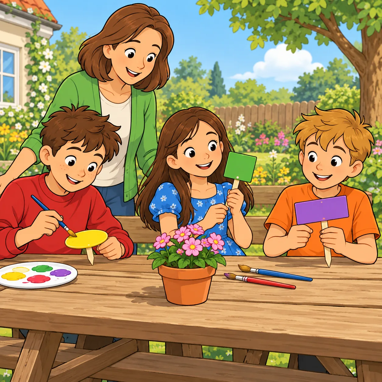 At an outdoor picnic table three children make garden labels: a boy in a red jumper paints a yellow oval; a girl in a blue dress holds a green square; a boy in an orange shirt holds a purple rectangle. A woman in a green cardigan stands behind them and a small pot of pink flowers is on the table.