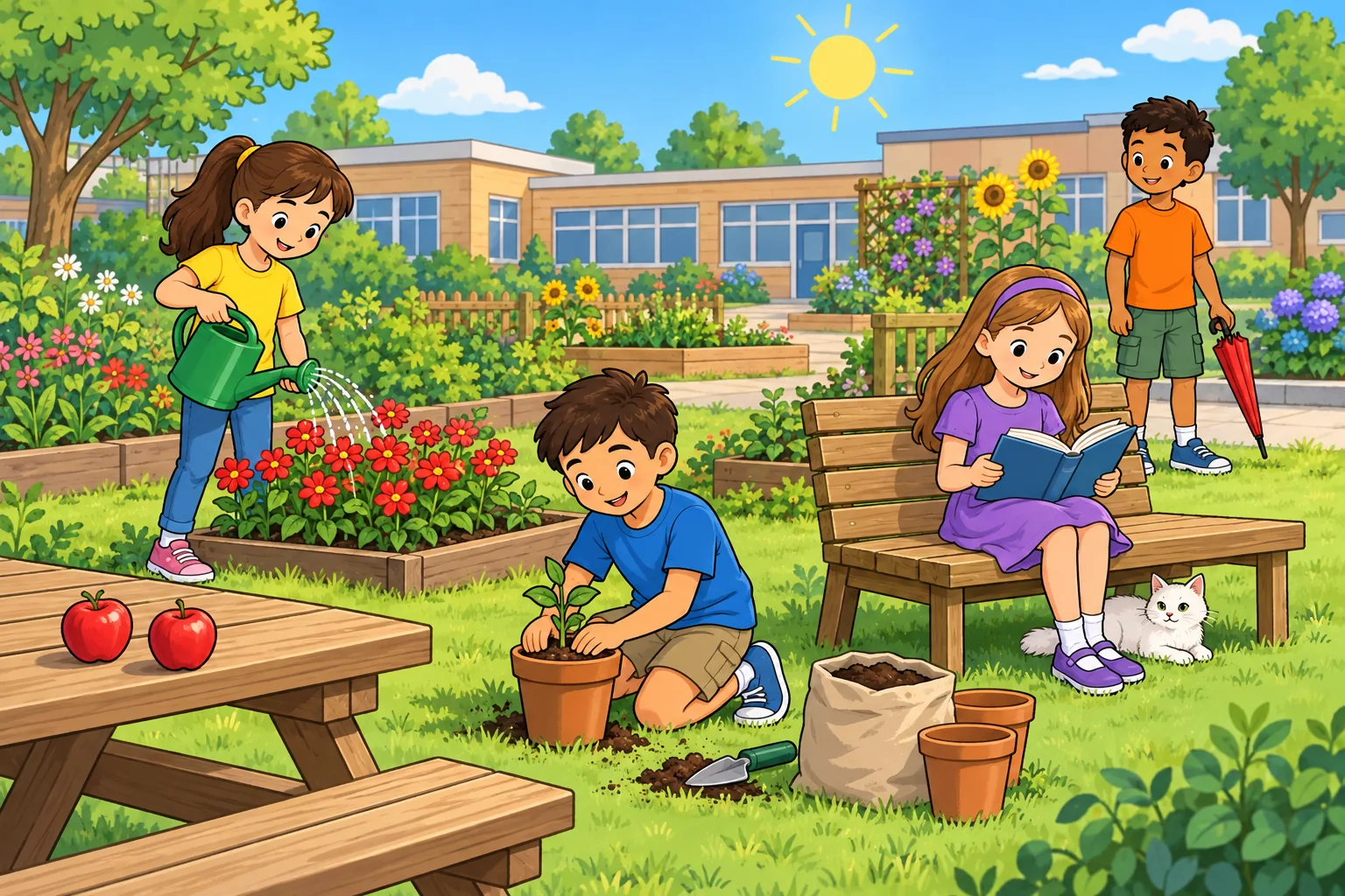 A sunny community school-garden open day. Exactly four children are present: Ava, a girl in a yellow T-shirt, stands on the left watering red flowers with a green watering can; Ben, a boy in a blue T-shirt, kneels in the centre planting a seedling in a brown pot; Lily, a girl in a purple dress, sits on a bench on the right reading an open book; and Max, a boy in an orange T-shirt, stands at the back right holding a closed red umbrella. Exactly two apples are on a picnic table on the left. A white cat is lying under the bench. The sky is sunny.