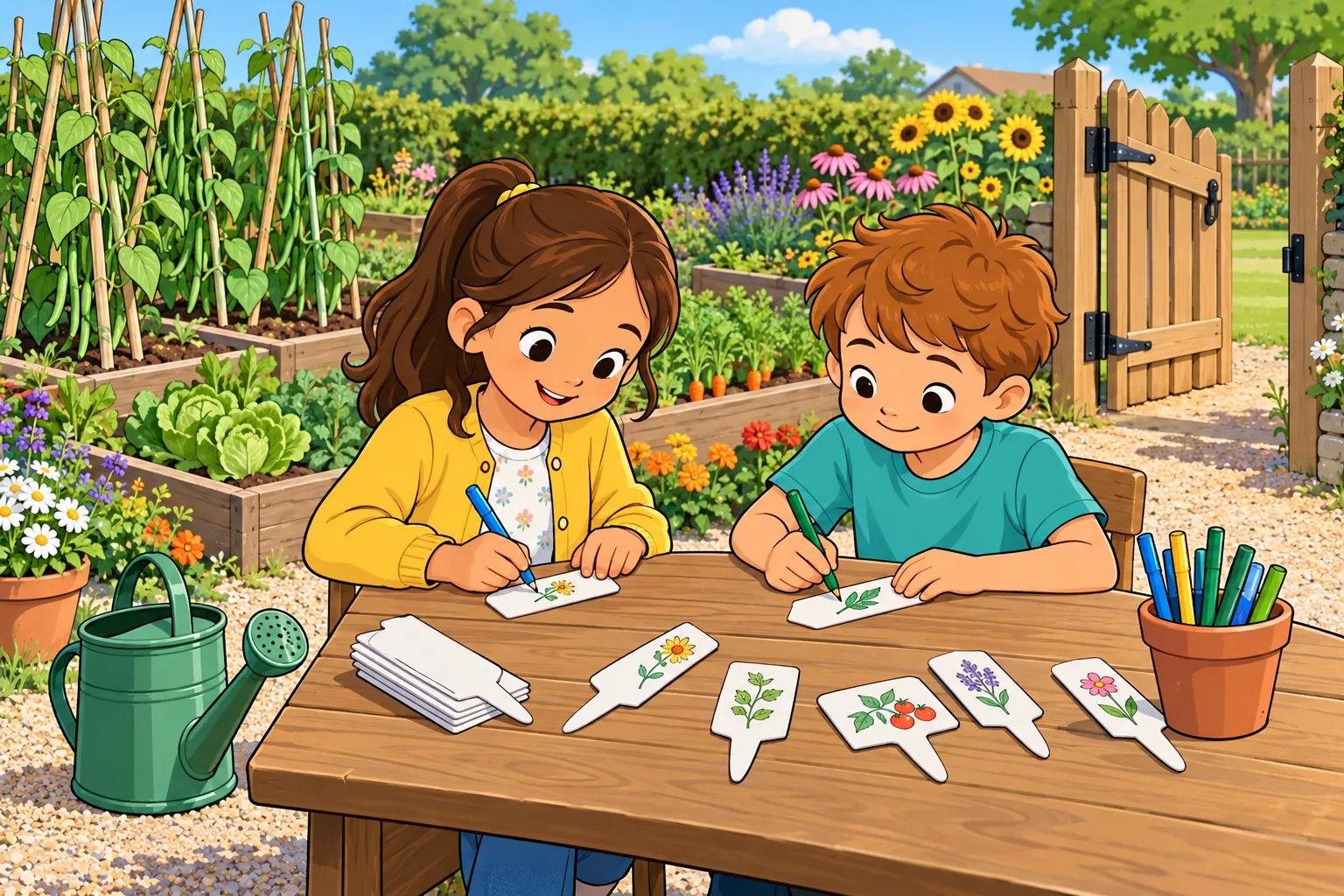 At a table beside an open wooden garden gate, Nora in a yellow cardigan works on a plant label with a blue pen while Eli in a turquoise T-shirt draws a leaf. Plant labels, coloured pens, a green watering can and vegetable beds surround them.