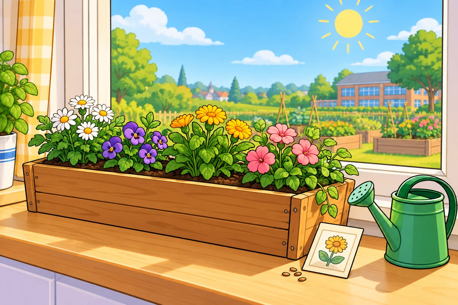 A long wooden window box holds colourful flowering plants on a sunny windowsill. A green watering can and a packet with a flower picture are beside it.