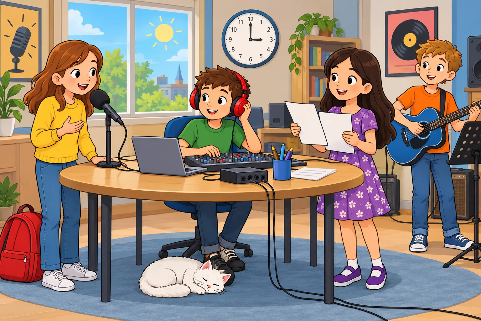 Inside a cheerful children's radio workshop, exactly four children are recording a programme. On the left, Mia, a girl in a yellow sweater, stands speaking into a black microphone on a table. In the centre, Leo, a boy in a green T-shirt, sits wearing red headphones. On the right, Ruby, a girl in a purple dress, stands holding two white sheets of paper. At the back right, Sam, a boy in an orange shirt, stands holding a blue guitar. A round wall clock shows three o'clock. A white cat sleeps under the table. A red backpack is on the floor by Mia. A window shows a blue sky and the sun.