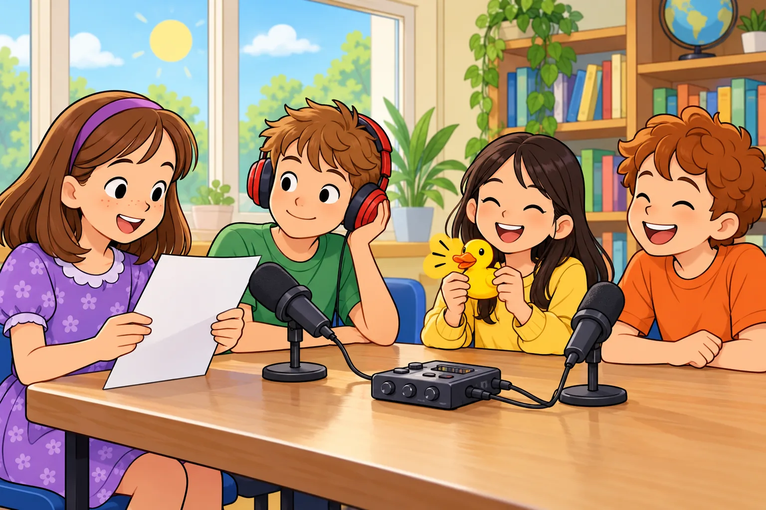 Four children making a radio story at a table: Ruby in purple reads a paper script, Leo in green wears red headphones, Mia in yellow squeezes a yellow toy duck, and Sam in orange laughs. Microphones and a recorder are on the table.