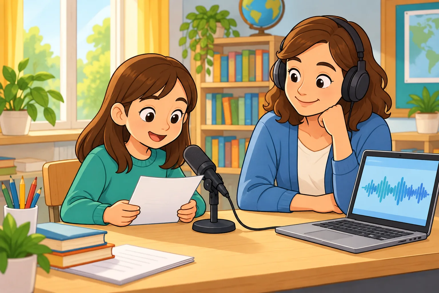 A girl in a teal sweater reads from paper notes into a tabletop black microphone. An adult teacher in a blue cardigan listens through headphones beside a laptop showing an abstract sound wave in a bright classroom.