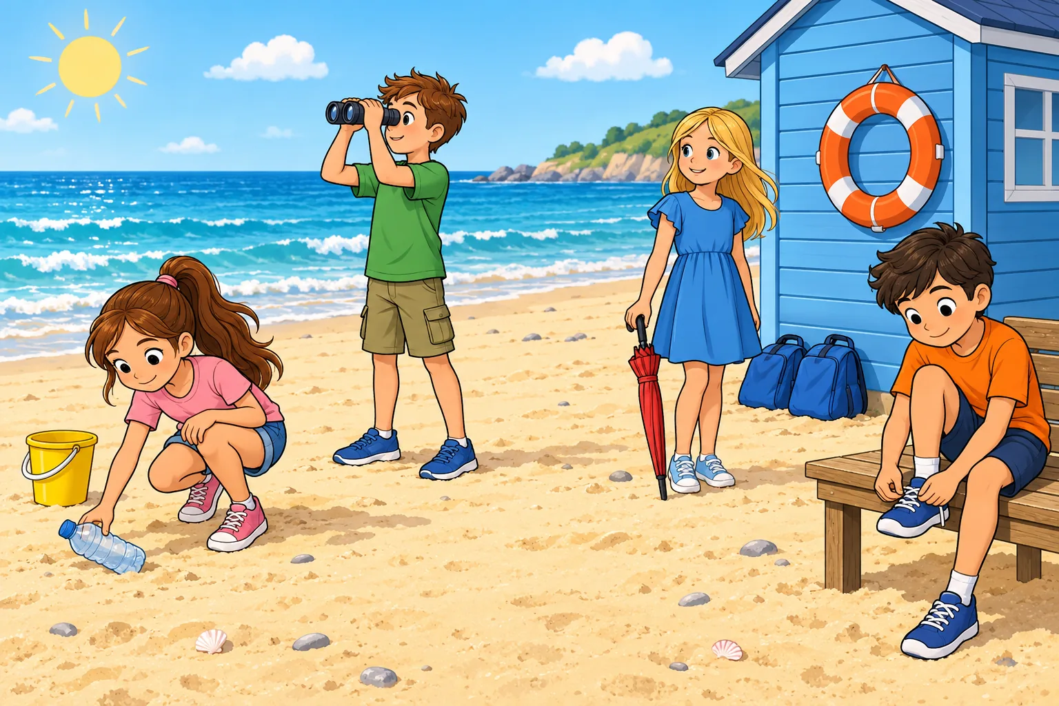 Four children near a sunny beach help hut: a girl in pink at left beside a yellow bucket, a boy in green in the centre, a girl in blue at right, a boy in orange seated on a wooden bench at front right. Two blue bags and one circular life ring.