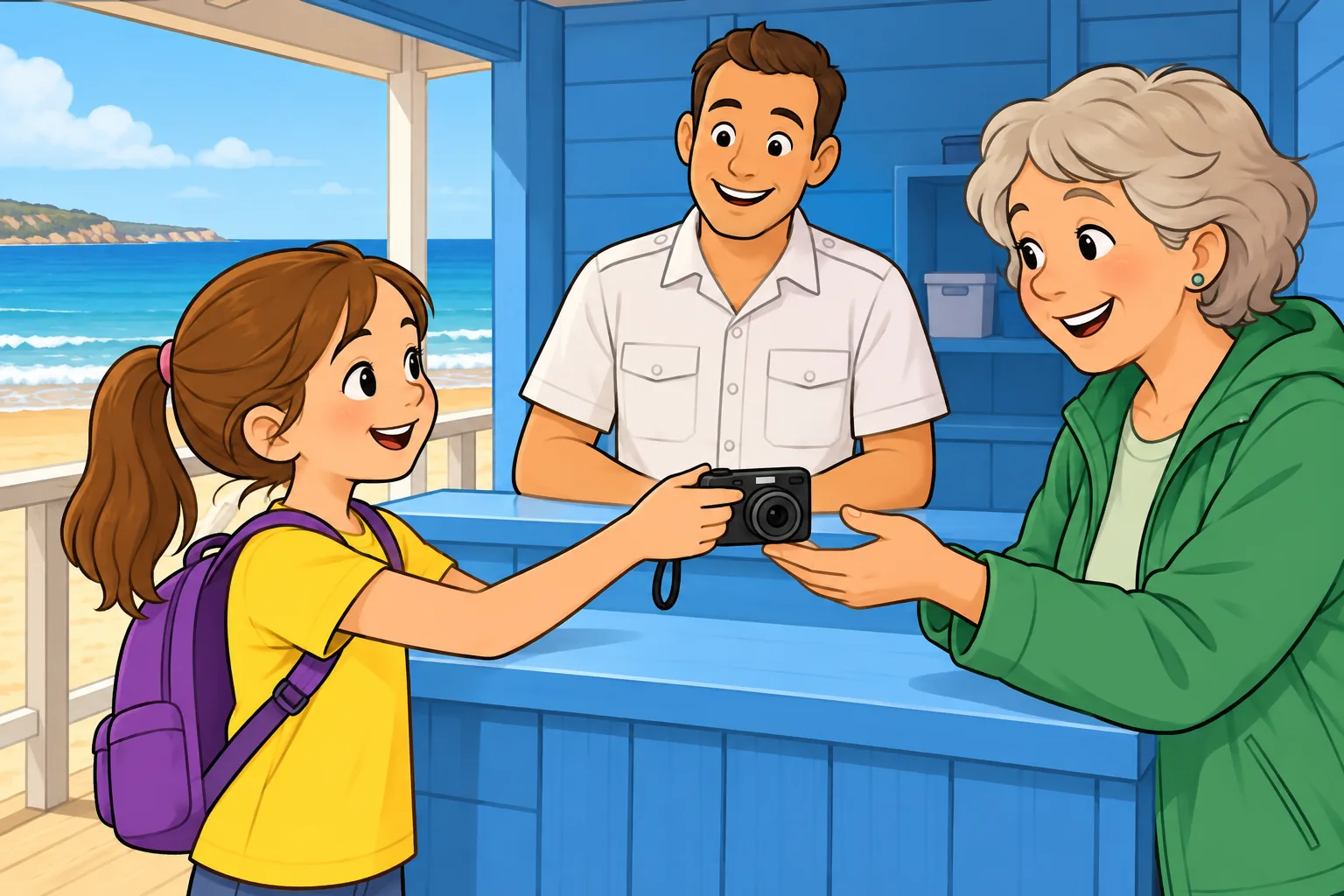At a blue seaside help hut, a girl in a yellow T-shirt and purple backpack hands a black camera to an older woman in a green jacket; a male helper in a white shirt stands behind the blue desk.