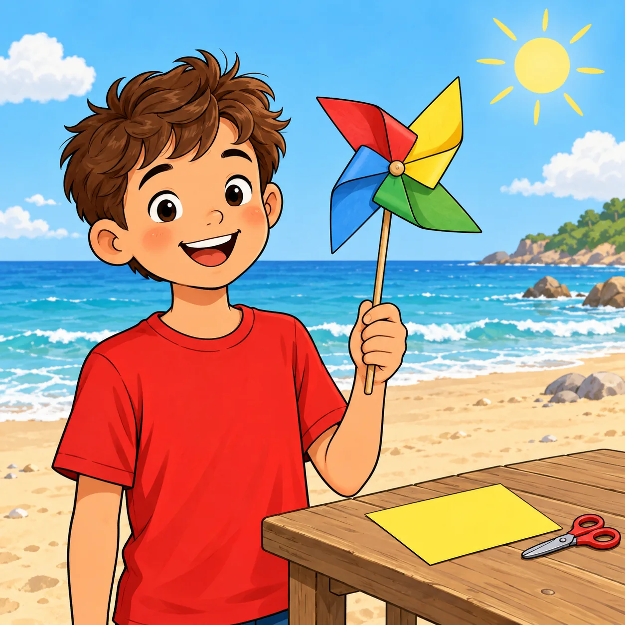 A boy in a red T-shirt on dry sand holds a colourful four-blade paper windmill; a table has yellow paper and closed scissors, with sunny sea behind.