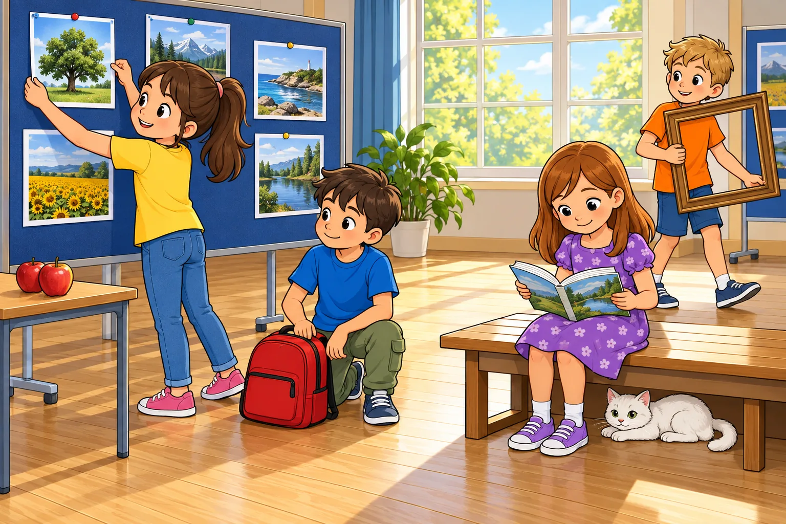 Four children in a sunny school hall: a girl in yellow pins a tree photograph to a board at left; a boy in blue kneels beside a closed red backpack at centre; a girl in purple reads an open book on a bench at right; a boy in orange carries an empty brown frame at back right. The small table at left has exactly two apples, and a white cat is under the bench.
