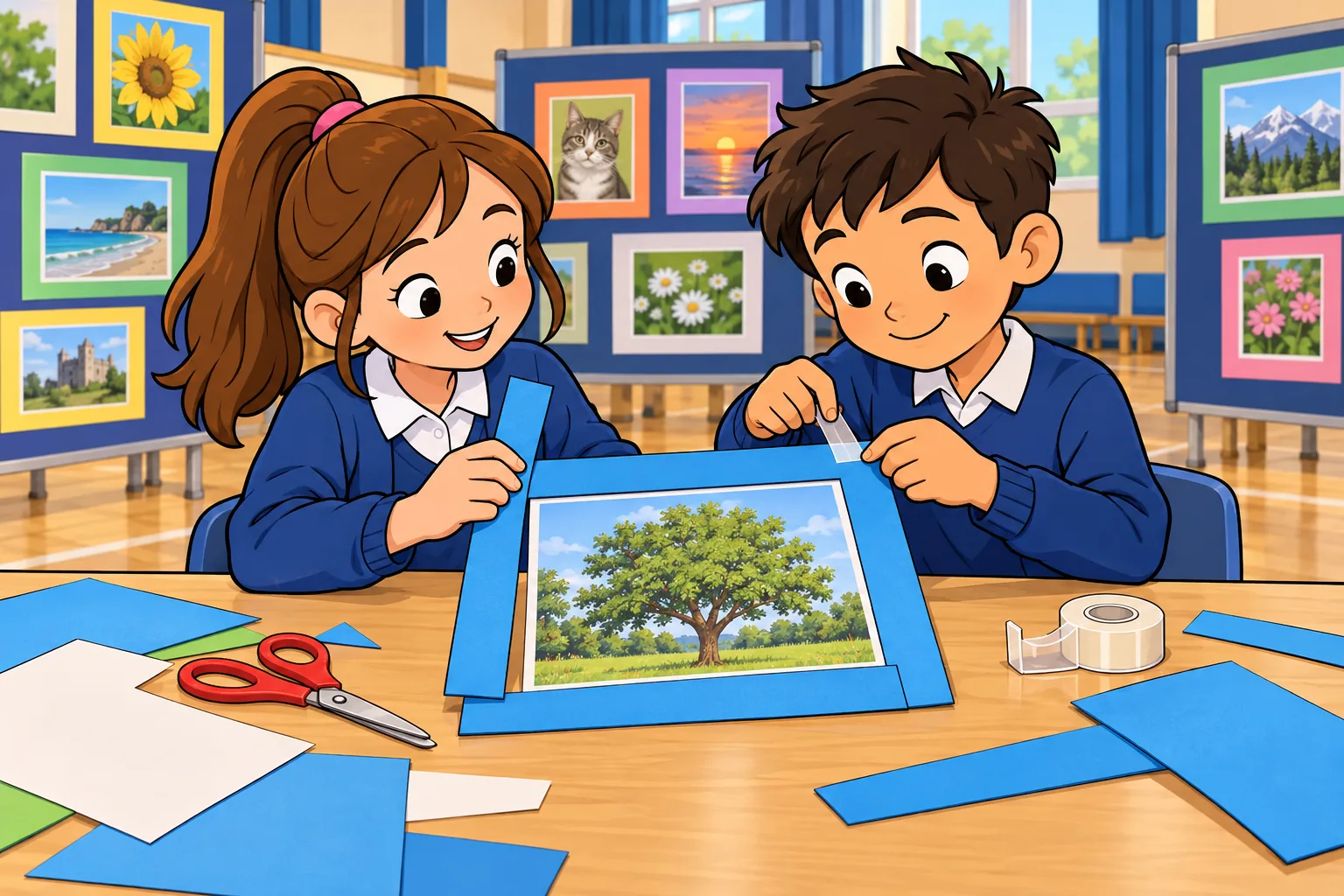 Two children at a school table fix a blue cardboard frame around a photograph of a tree; card and tape are on the table, with a bright hall window behind them.