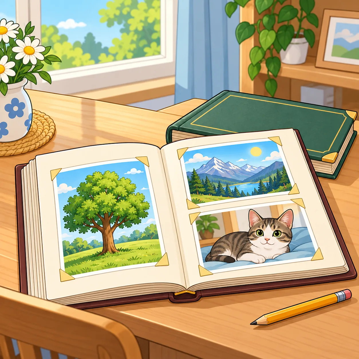 An open photo album lies on a desk, showing small pictures of a landscape, a tree and an animal; no words appear.