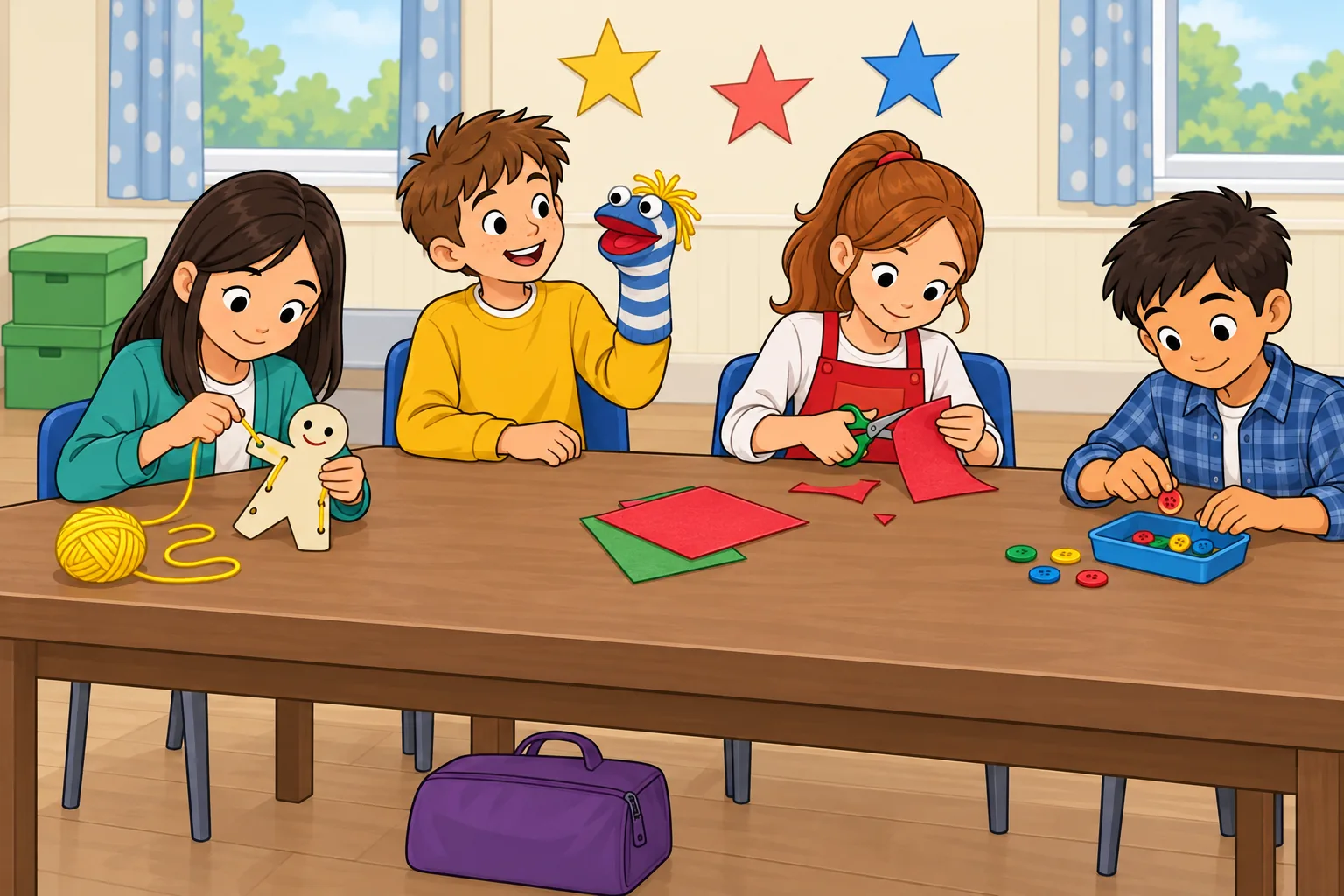 Four children make puppets at a brown table: a girl in teal threads yellow yarn through a paper puppet; a boy in yellow holds a striped sock puppet; a girl in a red apron cuts red felt; a boy in blue checks puts buttons into a blue tray. Two green boxes are at the left, three stars hang on the wall, and a purple bag is under the table.