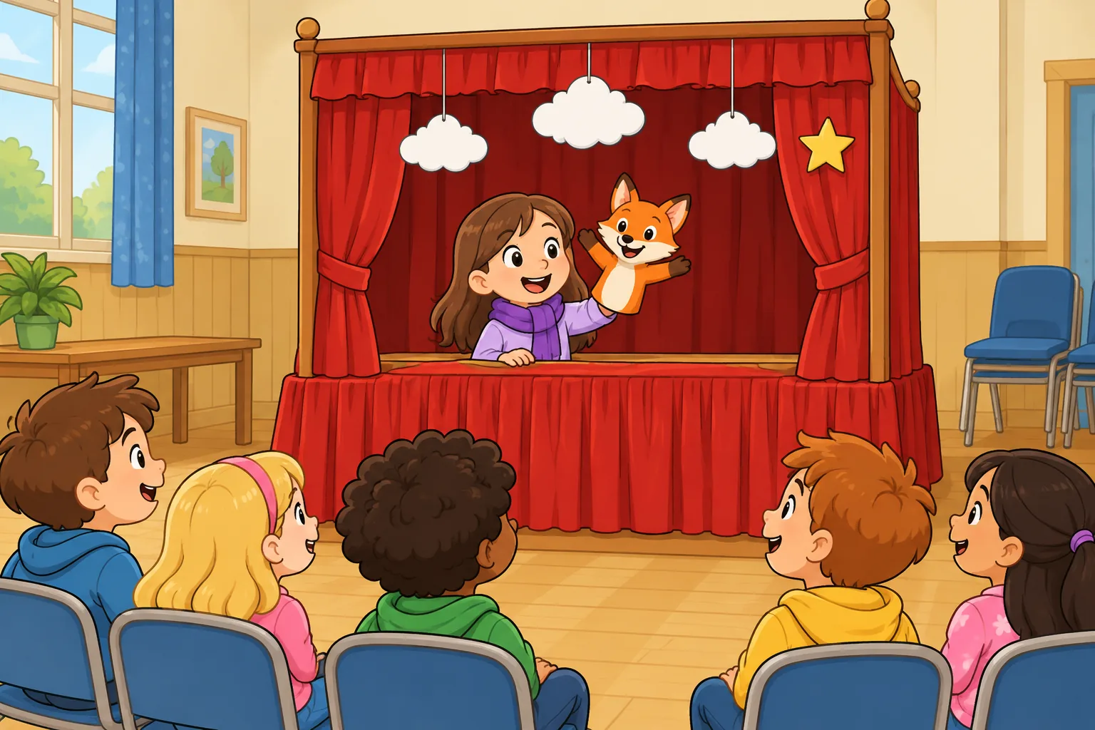 Leila wears a purple scarf and holds an orange fox puppet at a small red-curtained stage beside a window. One yellow star is attached to the curtain, three paper clouds hang above it, and children sit in front.