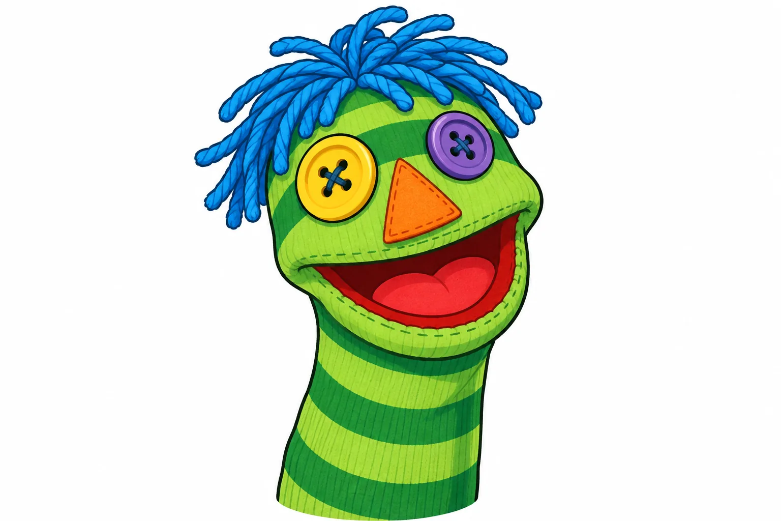 A single handmade striped green sock puppet with two mismatched button eyes, an orange felt triangle nose and blue yarn hair on a white background.