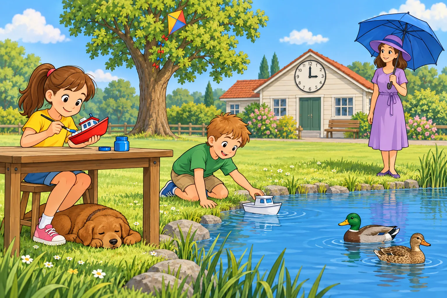 At a sunny pond model-boat exhibition, a girl in a yellow T-shirt sits at a wooden table painting a red toy boat, with a blue paint bottle on the table. A boy in a green shirt kneels beside the pond and puts a white toy boat on the water. A woman in a purple hat stands holding an open blue umbrella. A brown dog sleeps under the table. Two ducks swim in the pond. A kite is caught high in a tree behind them, and the small clubhouse wall clock shows 3:00.