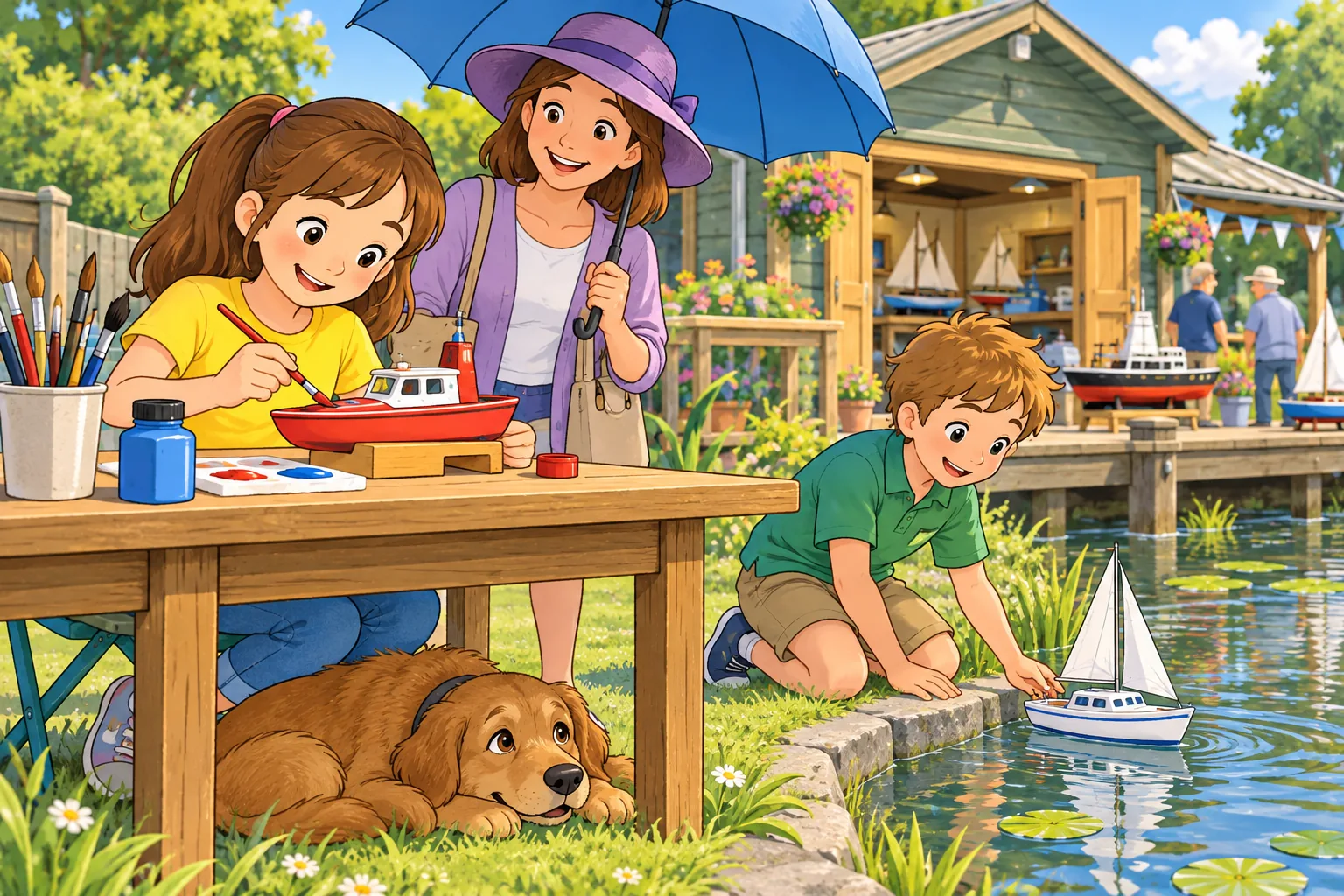 A girl in yellow paints a red model boat at a wooden table by a pond. A woman in a purple hat holds a blue umbrella, a boy in green touches a white boat on the water, and a brown dog rests under the table.