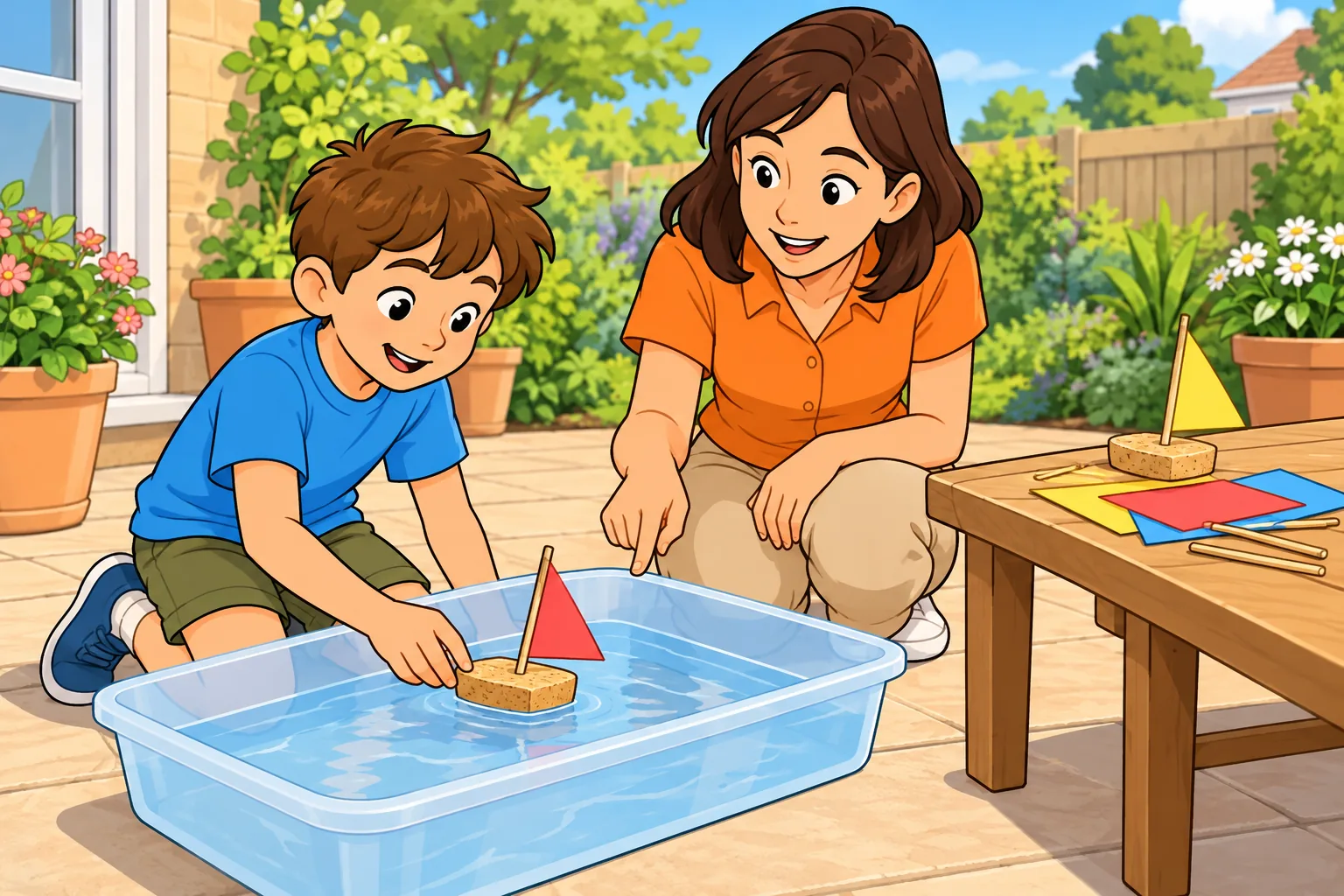 A boy in blue kneels on dry patio ground and floats a cork model boat with a red paper sail in a low shallow tub. An adult in orange kneels beside him and supervises. A second cork boat and coloured paper are on a nearby table.